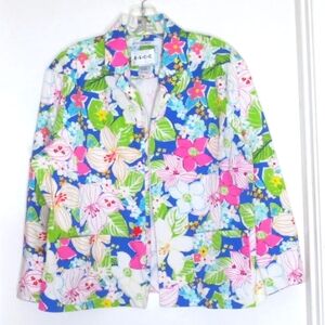 ELCC Vintage Blazer Jacket Island Floral Cotton Stretch Open Front Size L